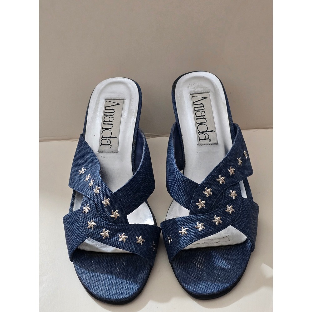 Amanda Lauren Blue Denim Star Studded Silver Kitten Heel Slide Sandals Size 8M